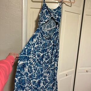 Blue Leaf Print Maxi Dress